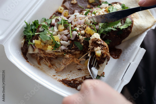 Mexican carnitas enchilada aka meat enchilada - a wrap filled with pulled pork, rise, beans and vegetables topped with spice mole sauce, veggies and herbs. Delicious and spicy takeaway! Closeup image.
