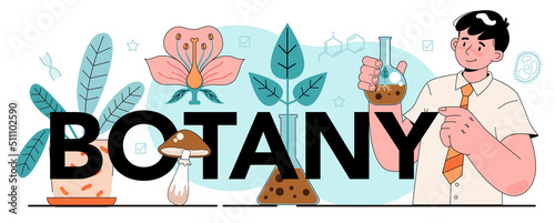 Botany typographic header. Students exploring nature and plants