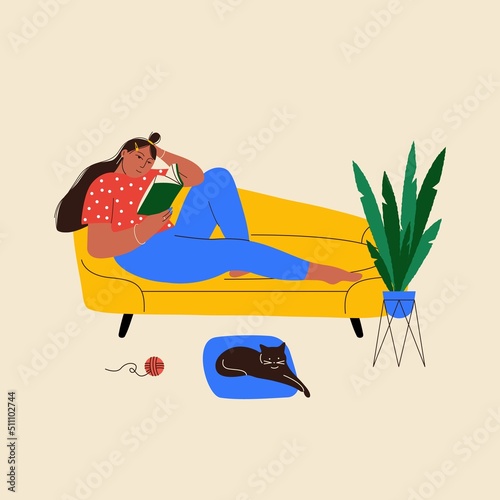 Woman reads book. Girl on sofa with book, cat, plant, cartoon hand drawn character, literature fan. Vector illustration