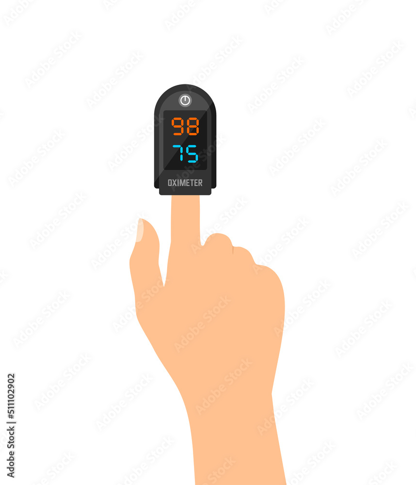 Black pulse oximeter on finger. Measurement of blood oxygen saturation and heart rate. Flat vector illustration Black pulse oximeter on finger. Measurement of blood oxygen saturation and heart rate. Flat vector illustration