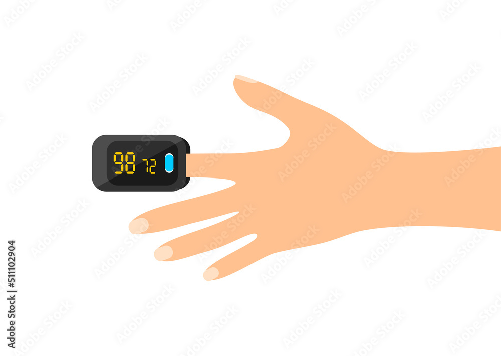 Vettoriale Stock Black pulse oximeter on finger. Measurement of blood oxygen  saturation and heart rate. Flat vector illustration | Adobe Stock