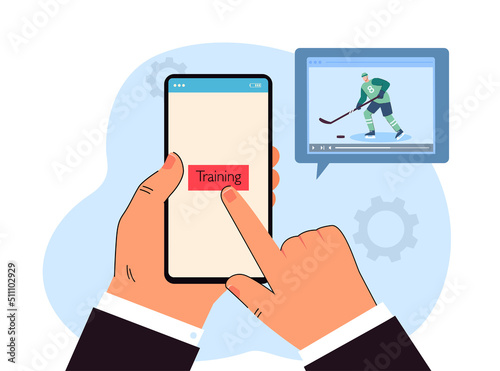 Man watching hockey training. Male hand holding mobile phone, sportsman playing hockey. Sport, hobby concept for website or landing page concept for website or landing page