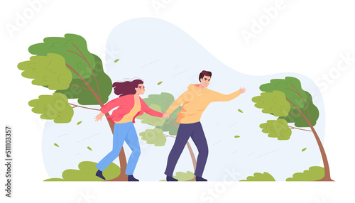 Man and woman in strong wind. Male and female characters battling strong wind. Nature, weather concept for website or landing page