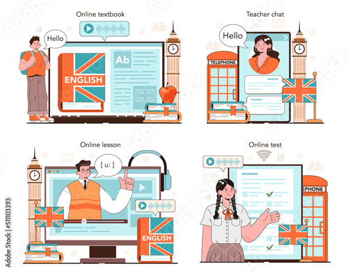 English class online service or platform set. Study foreign languages