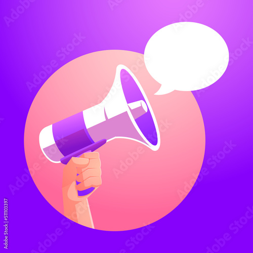 hand holding megaphone loudspeaker and speech bubble