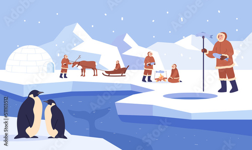 Eskimo doing everyday choirs. People catching fish, cooking, riding sledges in arctic setting. North, activity concept for website or landing page