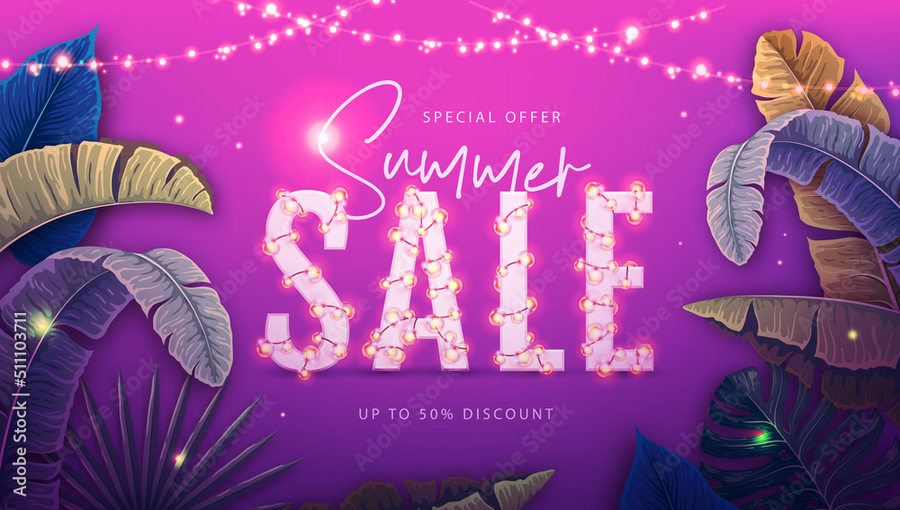 Summer big sale poster with tropic leaves and string of lights. Summer tropic leaves background. Vector illustration