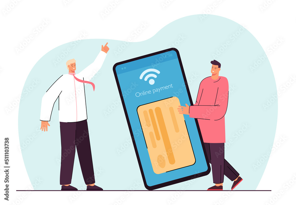 Man using online payment system. Male characters holding mobile phone with credit card on screen. Technology, payment concept for website or landing page concept for website or landing page Man using online payment system. Male characters holding mobile phone with credit card on screen. Technology, payment concept for website or landing page concept for website or landing page