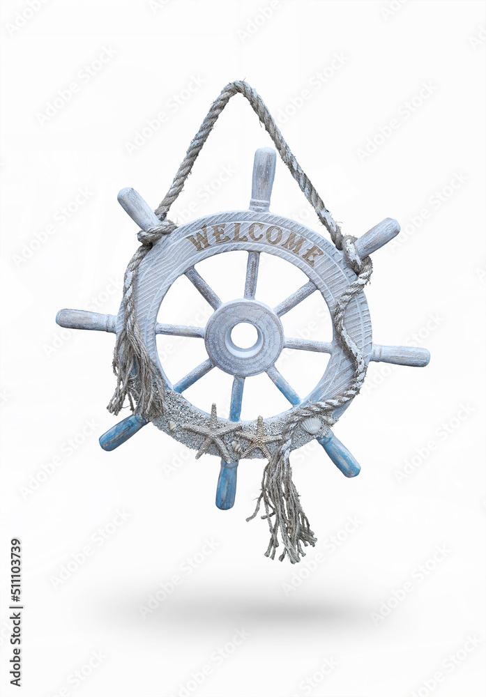 Obraz premium the steering wheel is decorative wooden with an isolated object rope.