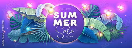 Summer big sale poster with tropic leaves and string of lights. Summer tropic leaves background. Vector illustration
