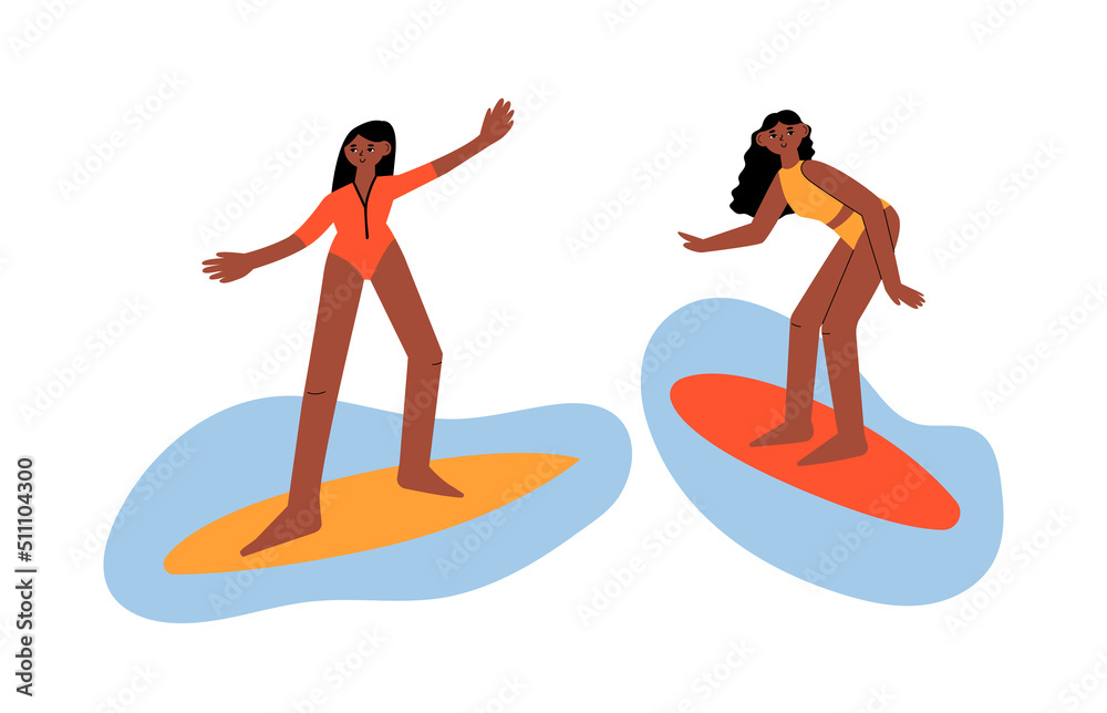 Cute women surfing in the sea. Girl in swimsuit on the surfboard. Summer vector illustration. Diversity equality concept. Cute women surfing in the sea. Girl in swimsuit on the surfboard. Summer vector illustration. Diversity equality concept.