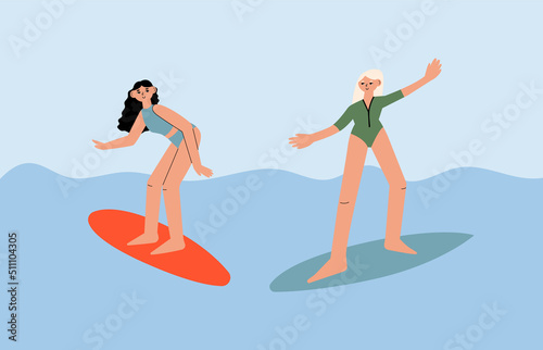Cute women surfing in the sea. Girl in swimsuit on the surfboard. Summer vector illustration