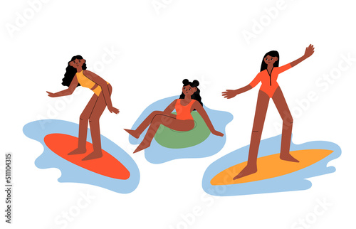 Cute black women surfing and relaxing in the sea. Girl in swimsuit on the surfboard. Woman sunbathe on rubber ring. Summer vector illustration. Diversity concept