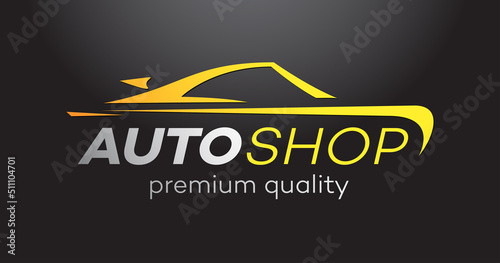 Auto shop vector logo isolated on black background for service, detailing, repair, tuning, car washing isolated on white background. Stamps, banners and design elements for you business. 10 eps
