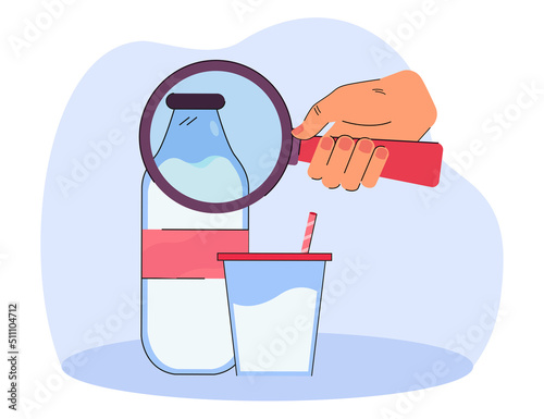 Female hand with milk and magnifying glass. Woman looking at milk through magnifying glass. Choosing products concept for website or landing page