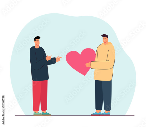 Man giving heart to male lover flat vector illustration. Gay declaring love. Romantic relationship, friendship, romance concept for banner, website design or landing web page