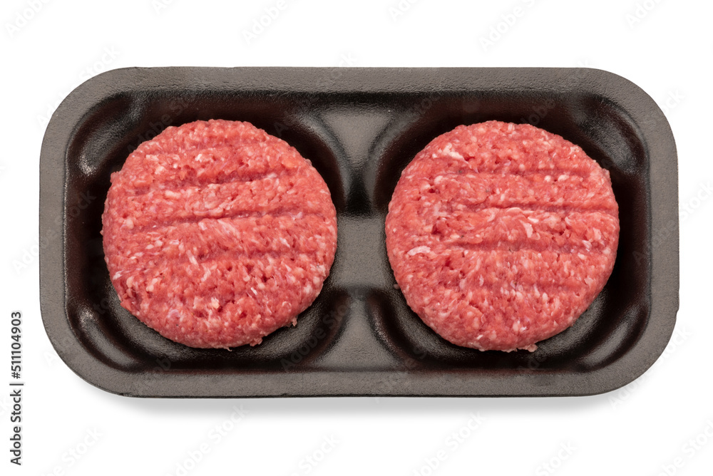 Raw fresh beef burgers for hamburger in black plastic tray isolated on white, clipping path included, top view Raw fresh beef burgers for hamburger in black plastic tray isolated on white, clipping path included, top view