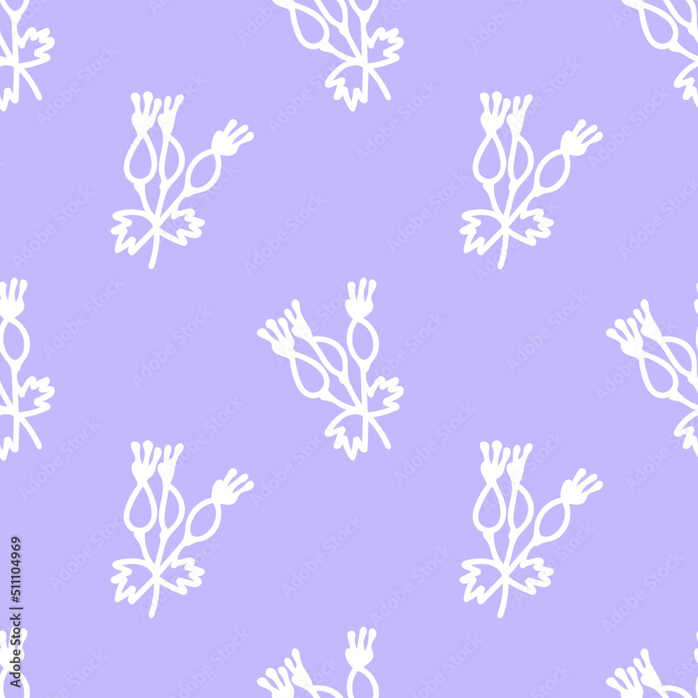 Seamless pattern with fall botanicals in a white line on a trendy lilac background.Repeating,floral print in color 2022 in a minimalist style.Designs for textiles,wrapping paper,fabric,packaging. Seamless pattern with fall botanicals in a white line on a trendy lilac background.Repeating,floral print in color 2022 in a minimalist style.Designs for textiles,wrapping paper,fabric,packaging.