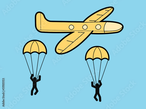 Airplane and paratroopers in the sky. Vector outline illustration.