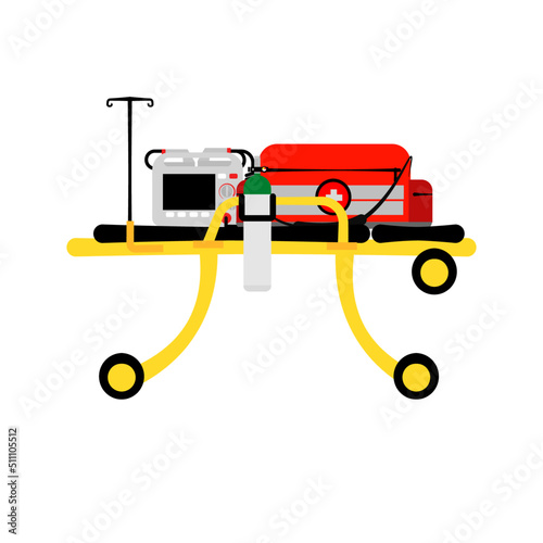 Illustration of an ambulance wheeled stretcher and medical equipments.