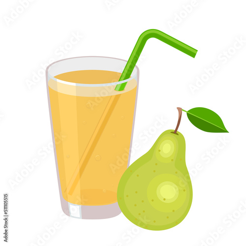 Pear juice in a glass with tube for drinking. Healthy organic  fresh drink icon. Garden fruit. Vector illustration in flat style isolated on white. Taking natural vitamins. 