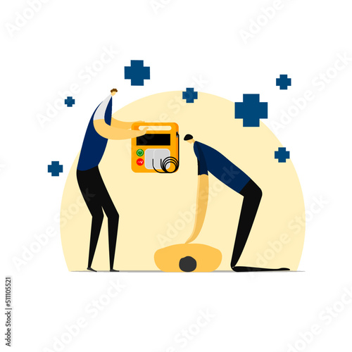 A cartoon character for basic life support, manual chest compression and AED used by two provider.