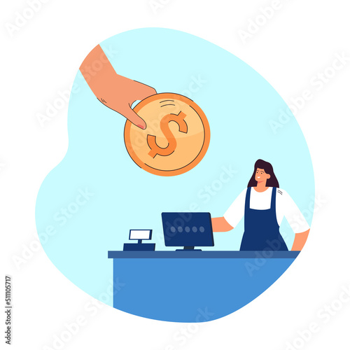Huge hand giving gold coin to cashier flat vector illustration. Female cashier standing at counter. Occupation, finance, income, money concept for banner, website design or landing web page