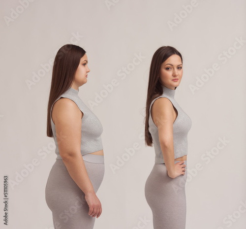 Comparison of a fat and thin girl. Slimming. Before and after. Weight loss. Liposuction. Fitness. Proper nutrition. Diet. Rejuvenating treatments.
