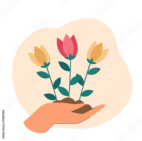 Hand holding flowers. Palm with soil and tulips. Nature, ecology, care concept for website or landing page concept for website or landing page