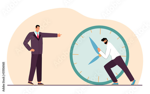 Boss showing time for deadline job. Angry man in suit pointing at employee with big watch. Deadline, stress, job concept for website or landing page