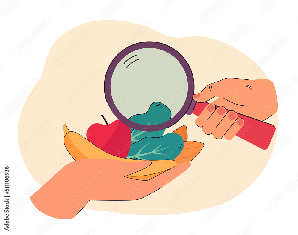 Hand with magnifying glass exploring groceries. Female hand holding fruits and vegetables. Choosing products concept for website or landing page