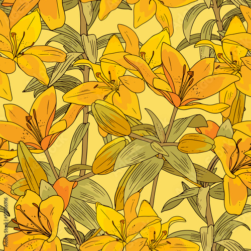Vintage pattern with orange lily. Tropical floral print with flowers  buds and leaves