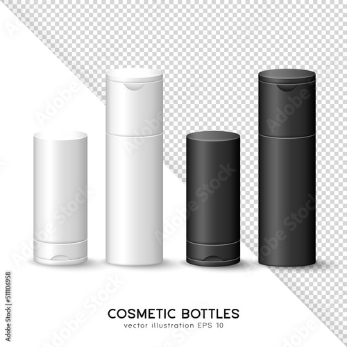 3D blank plastic cosmetic containers. Set of black and white matte cosmetic bottles with cap. Skincare product mockup for logo design. Vector lotion, gel, cream, shampoo, moisturizer template