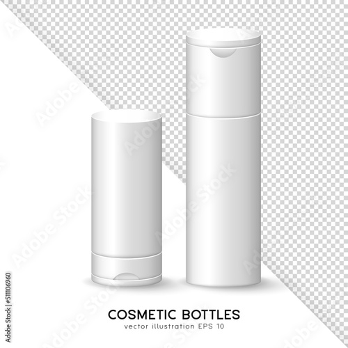 Two white matte cosmetic bottles with lid. Skincare product mockup for logo design. 3D blank plastic cosmetic containers. Vector lotion, gel, cream, shampoo, moisturizer template