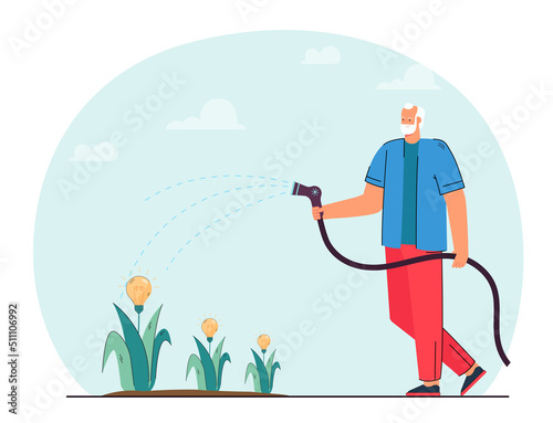 Man growing ideas. Bearded male character watering lightbulb flowers symbolizing ideas. Startup, creativity concept for website or landing page