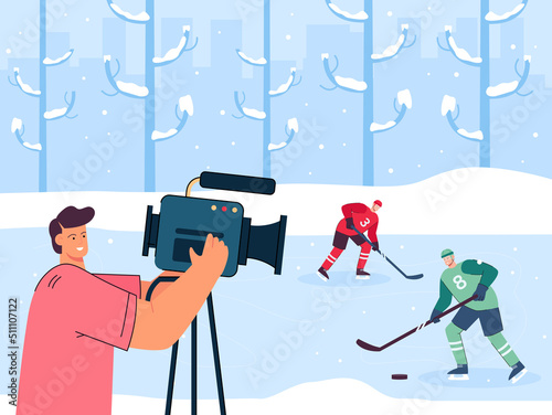 Man filming hockey match. Male character holding camera, sportsmen playing hockey. Sport, television concept for website or landing page concept for website or landing page