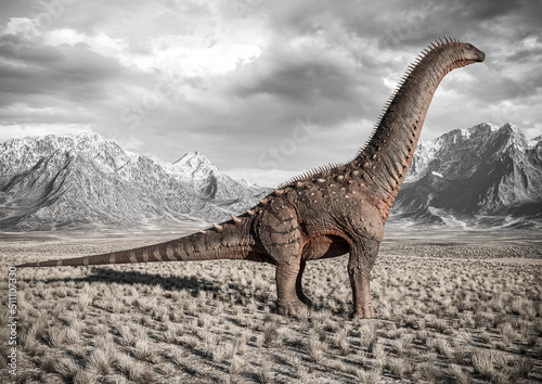 alamosaurus is standing up in the plains and mountains side view © DM7