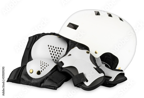 White black skateboard or inlane skating saftey equipment like skate helmet wrist knee and elbow protector pads isolated background with clipping path photo