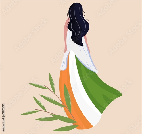 A beautiful girl in the colors of the Indian flag. The concept of celebrating Independence Day on August 15. Back view. Vector isolated design in flat style. Banner, poster with Indian woman