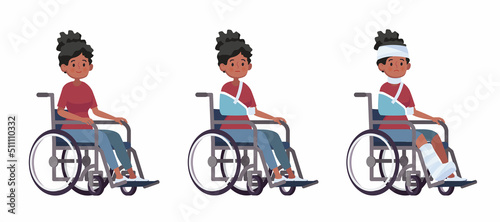 young woman in a wheelchair set vector cartoon illustration concept of injury and disability recovery from accident