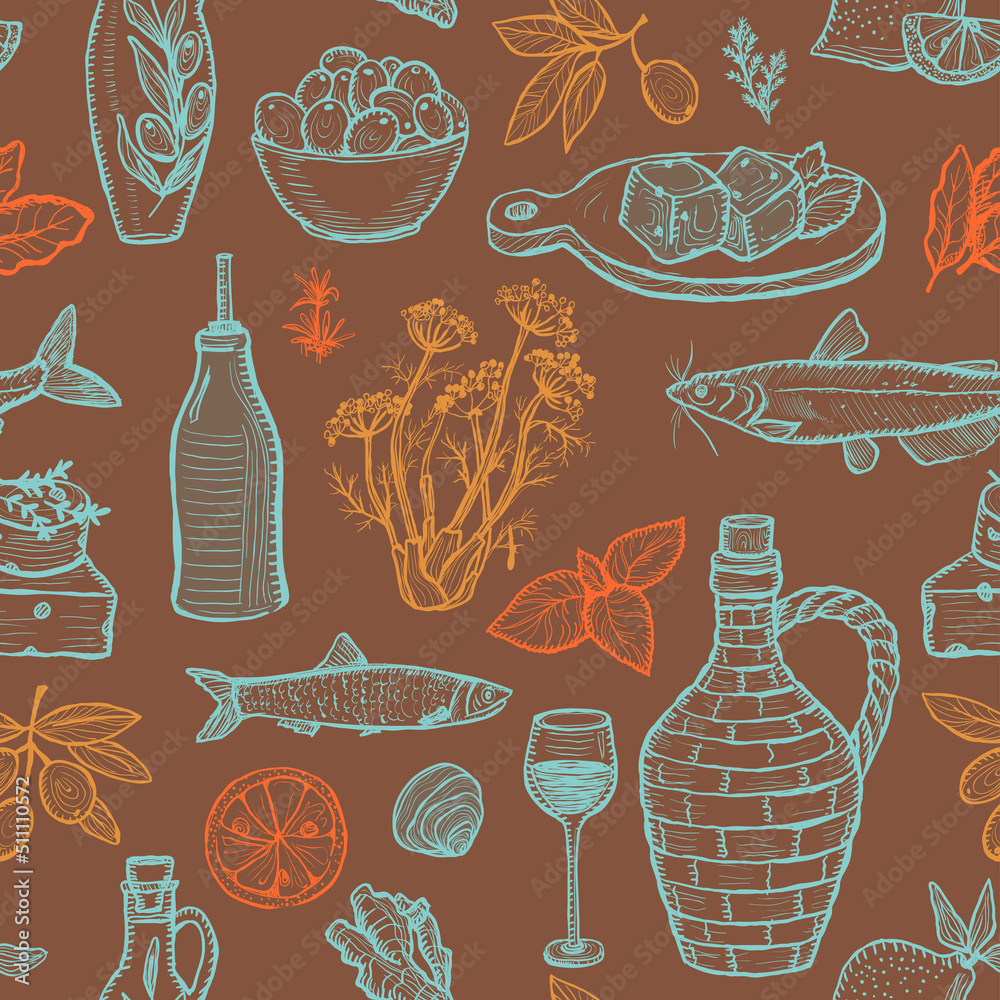 Seamless graphic vector pattern with mediterranean traditional food