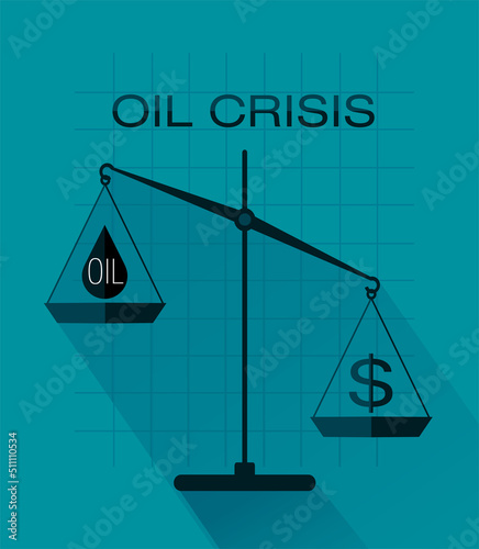 Scales of justice with drop of oil and dollar sign, oil crisis flat style banner