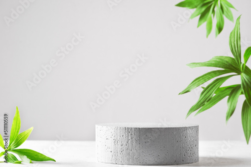 Empty stone podium and green leaves