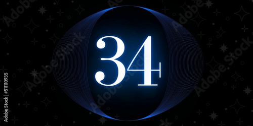 Number 34. Banner with the number thirty four on a black background and white stars with a circle blue in the middle photo
