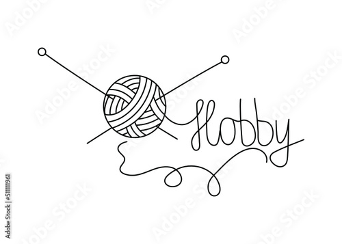 Knitting, a skein of threads, an inscription and knitting needles. Symbol of hobby, needlework, homework. Logo, vector illustration, doodle style drawing. The background is isolated.
