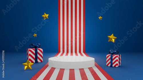 3D rendering white stage on USA background with gift boxes