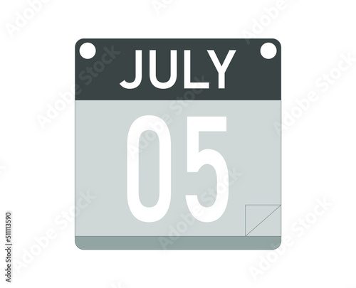 July day 5. Calendar icon for the month of july. Calendar vector.