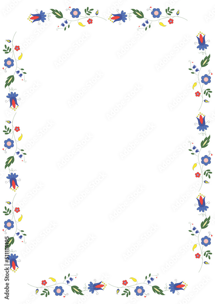 Decorative floral frame. Ethnic embroidery border. Size A4.