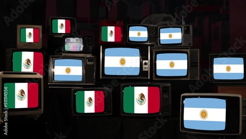 Flags of Mexico and Argentina on Vintage Televisions. 4K Resolution. photo