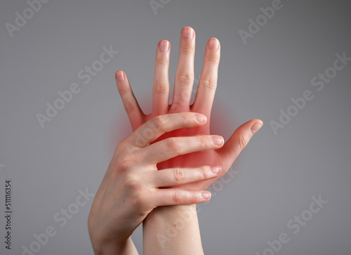 Hand bones pain concept. Inflammation, injury, ache of hand. High quality photo